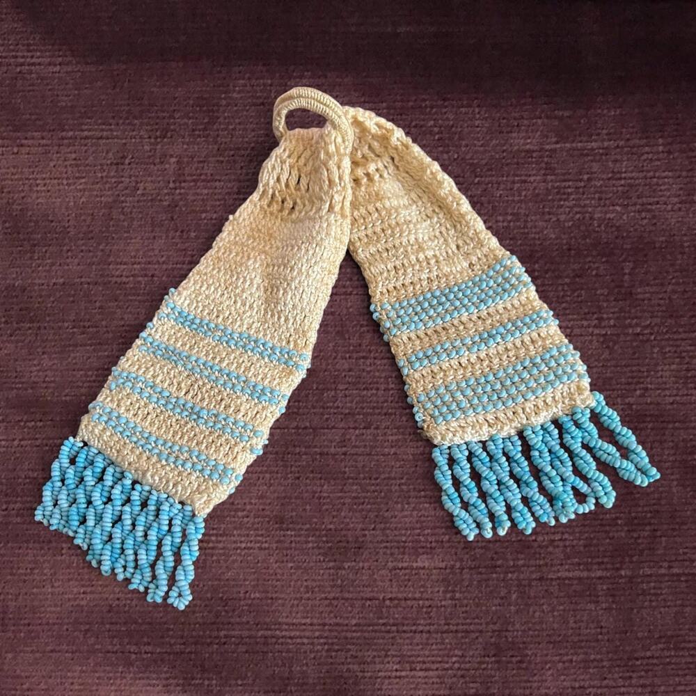 Victorian Edwardian Beaded Crochet Miser’s Purse with Blue Bead Fringe